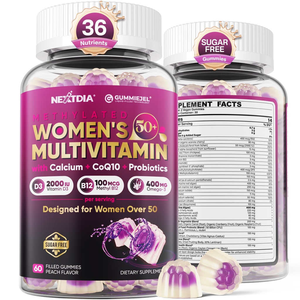 Multivitaminico per le donne 50 Plus Gummies, Vegan Omega 3, Methylfolate, Calcium, D3 K2, CoQ10, Vitamina giornaliera A C E, Methylated B12, Biotin, B Complex, Zinc - Bone, Energy, Longevity - Sugar Free, 60Count
