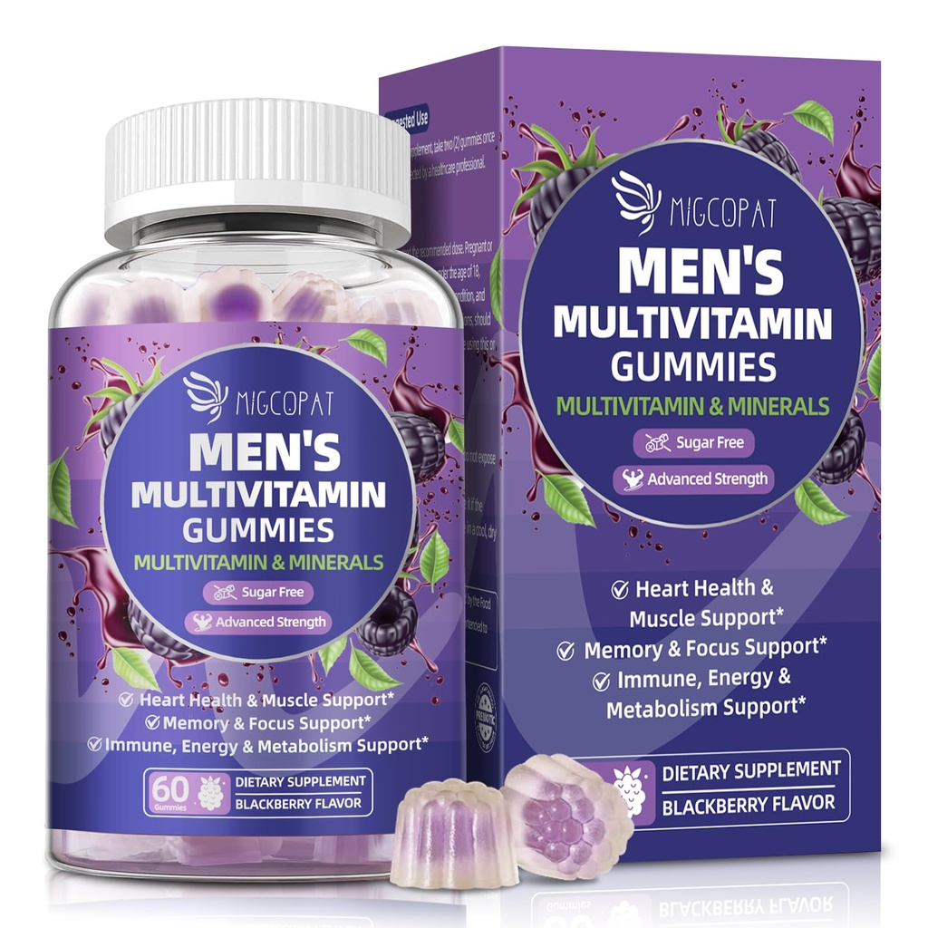 Multivitaminico per uomini, Mens Multivitaminici Gummies w/Omega-3, Probiotici, Inositolo, Folate, Biotina, Zinco, Vitamine A, C, D, E, B, - Cuore di supporto, Cervello, Muscolo, Energia, Senza zucchero, Sapore di more