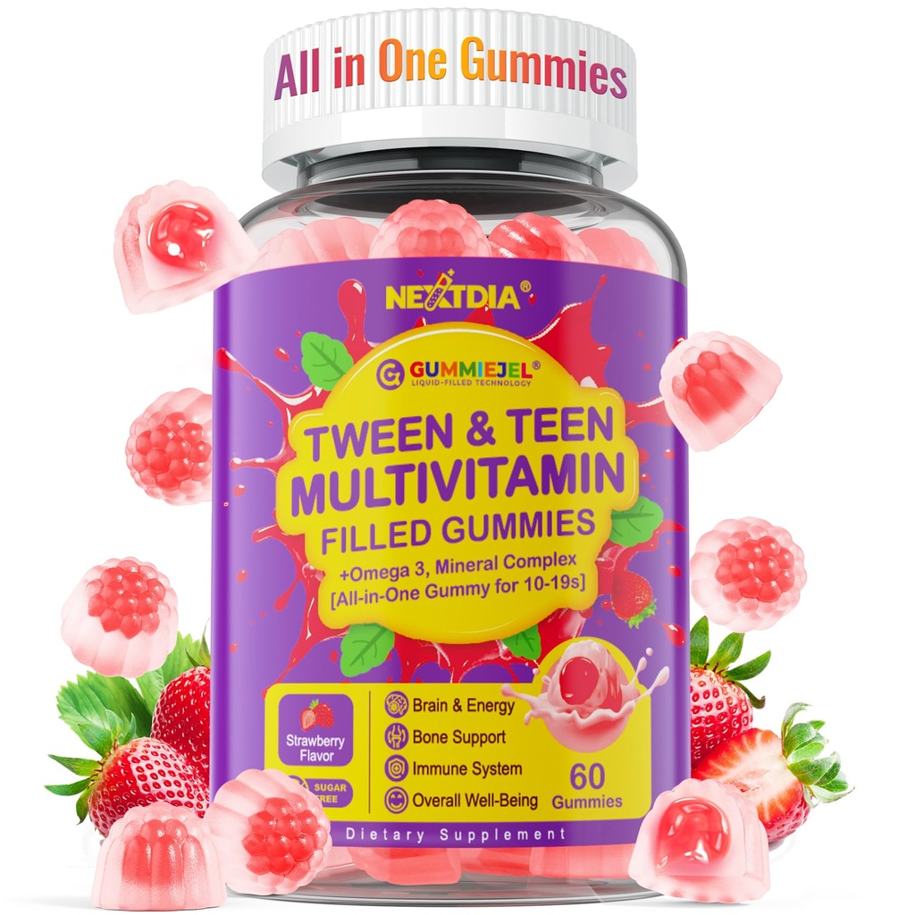 Nextdia Multivitamines remplies pour les adolescents filles 12-17, 18, 19, Enfants 10+ Multivitamine avec Omega 3, Calcium + Magnésium + Zinc, Multi-minéraux pour les adolescents 10-19S Cerveau, Os, Énergie, Immune