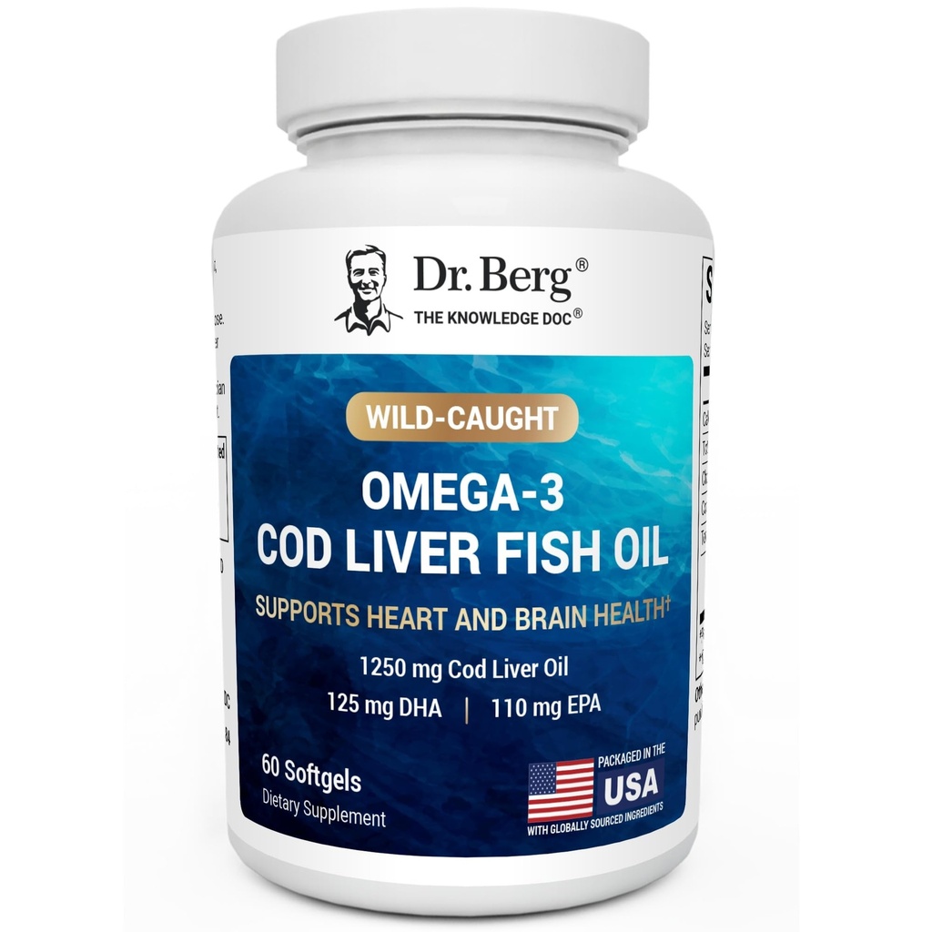 Dr Berg Omega-3 Cod Huile de poisson de foie 60 Softgels – morue islandaise sauvage – Omega 3 EPA & DHA – Heart, Brain, Immune & Eye Support* – Lemon Flavor – 4X Lab-Tested – Non-OGM, No Fillers