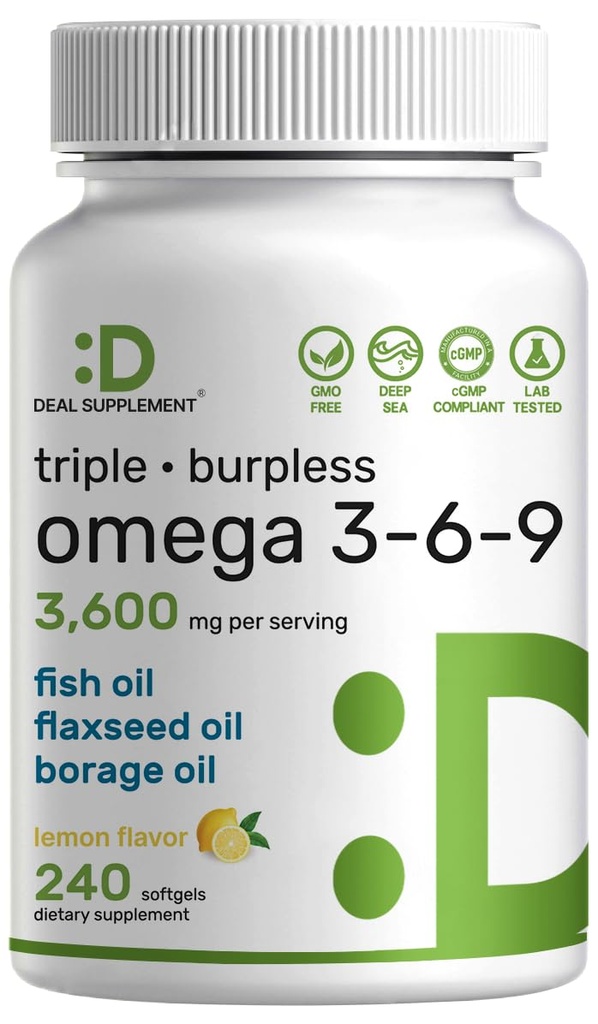 Triple Omega 3-6-9 Fischöl Ergänzungen 3.600mg - 240 Softgels mit Leinsamenöl & Borretschöle Komplex - Hohe EPA + DHA - Rupless Pillen, Zitrone aromatisiert, Wild gefangen - Herz, Gelenk & Gehirn Unterstützung