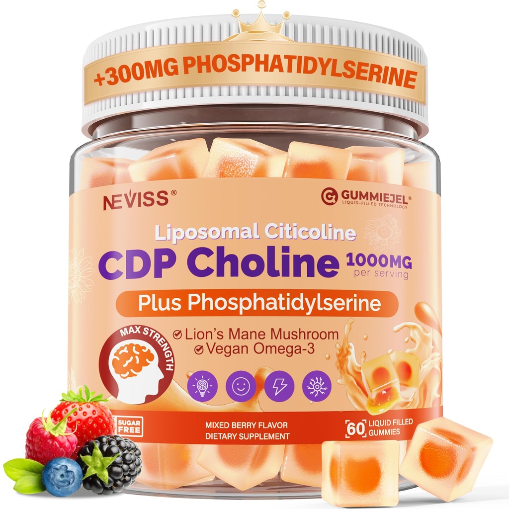 Citicoline 1000mg & Phosphatidylsérine 300mg Suppléments CDP Choline Gummies, Supplément Cerveau pour la mémoire et le focus avec le champignon de la Mane du Lion, Omega-3, méthylfolate, B6 & B12, Non-OGM, sans sucre, 60ct