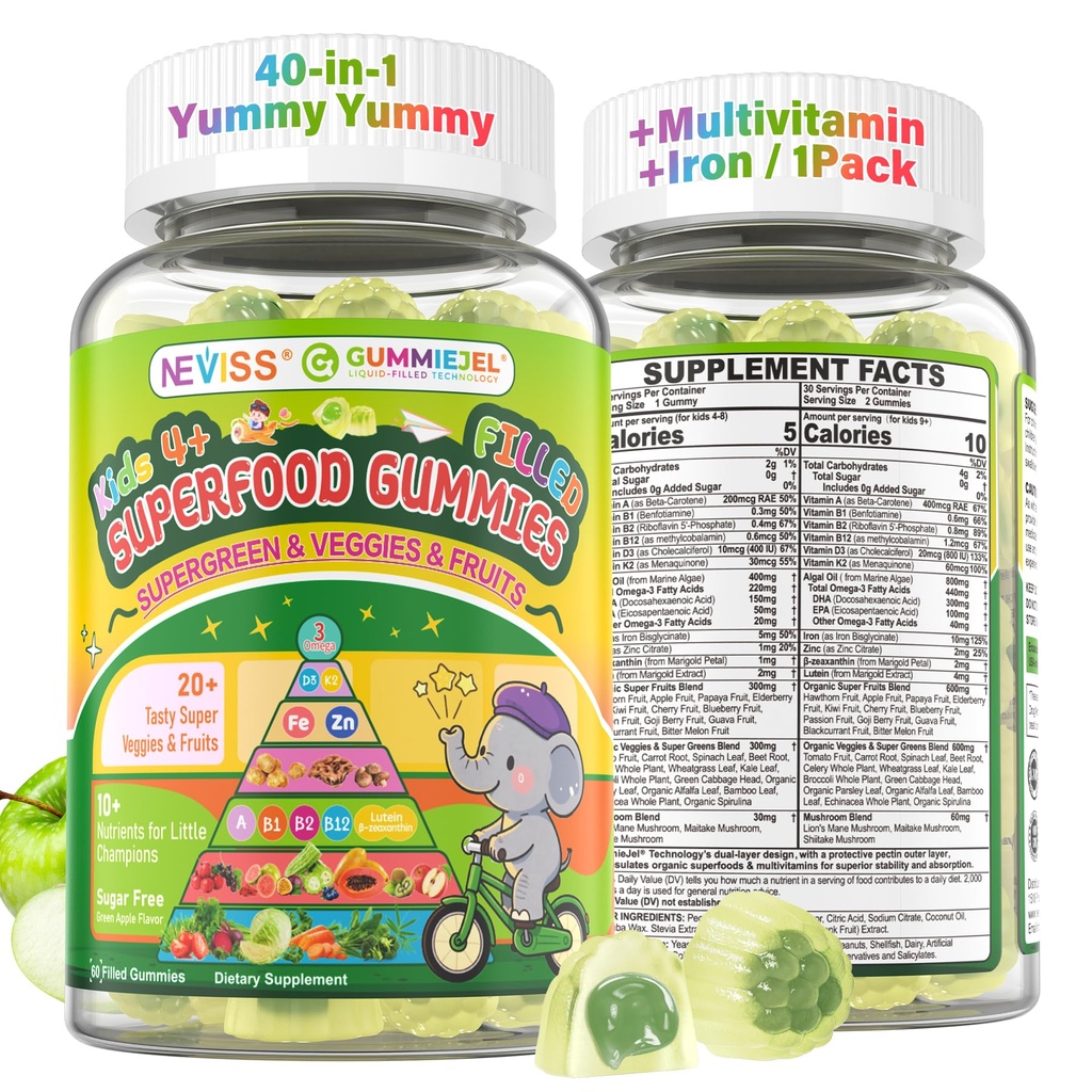 NEVISS Kids 4+ & Teens Super Greens 40-in-1 Gummis w/Multivitamin, Omega3 Iron, D3K2, Picky Eater Organic Super Fruits Veggies Superfood Gummy, Pilz, Lutein | Immune Bone Brain Energy, Sugar Free