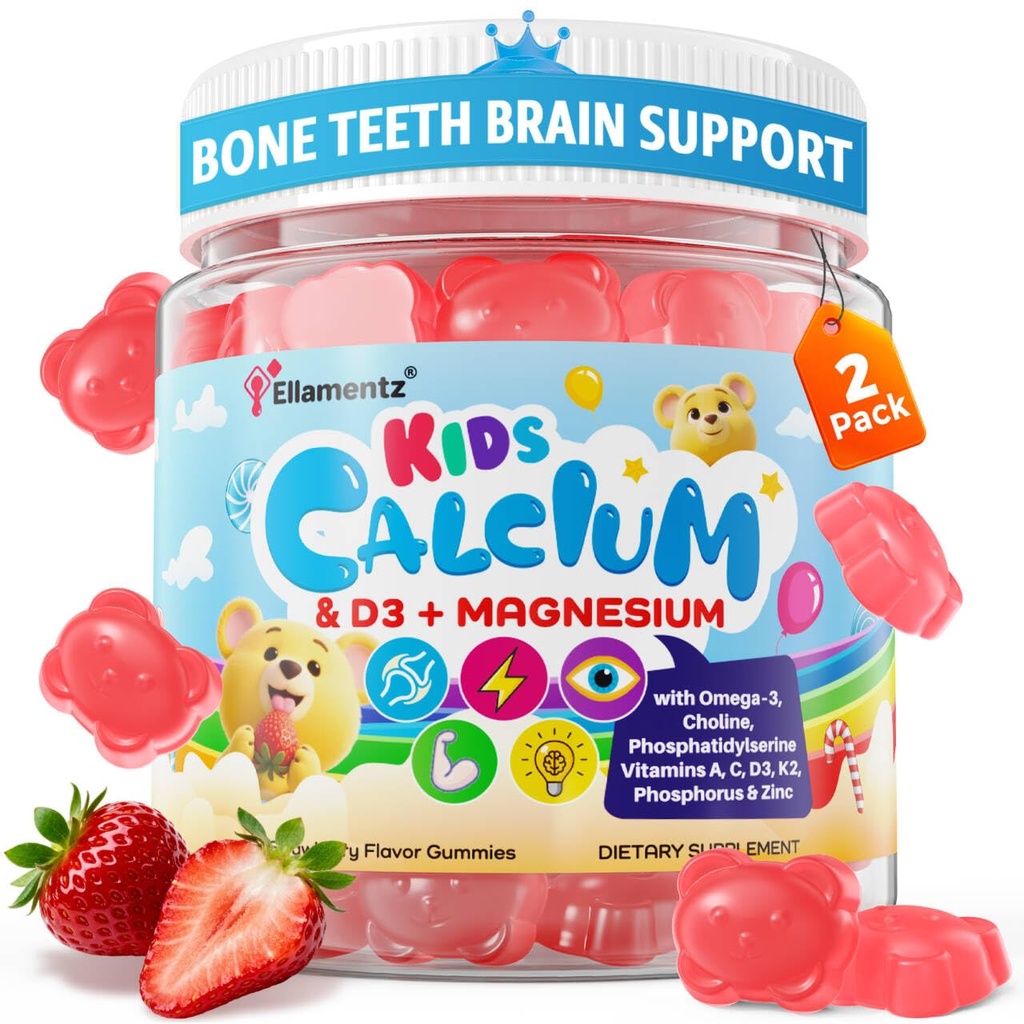 Calciumgummis + D3 & Magnesium für Kinder & Jugendliche, w/Calcium Citrate Calcium Algae Calcium Milk, Omega-3 (DHA/EPA), Vitamine A, C, K2, Choline, Zink, Vitamine Gummi für Knochen, Grôwth & Brain, 2 Pack