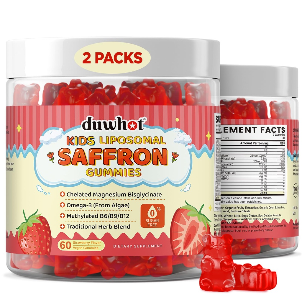 duwhot Liposomal Saffron Gummies per bambini 4+, Saffron Supplementi w/Holy Basil, Rosemary, Magnesium Glycinate, Omega-3 & More, Brain Focus Support Supplement, Vegan, Organic, Sugar Free, 120 Chewables