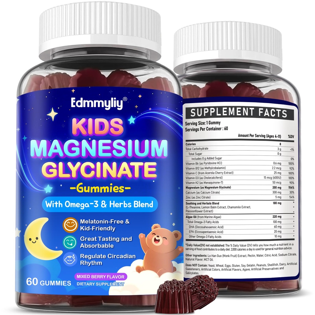 Gommies de Glycinat de magnésium pour enfants - Supplément de Glycinat de magnésium 200mg avec L-théanine Omega-3 vitamine de calcium D3 & B12 pour enfants Zzz naturel au coucher et santé globale - sans sucre et non-OGM