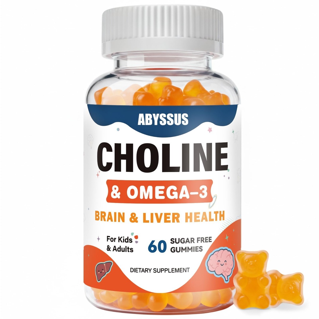 ABYSSUS Choline Gummis für Kinder & Erwachsene, Sugar Free Choline Bitartrate Ergänzungen mit Algal Omega-3 DHA EPA & Active B6 B12, Brain & Liver Support, Vegan, 60 Count