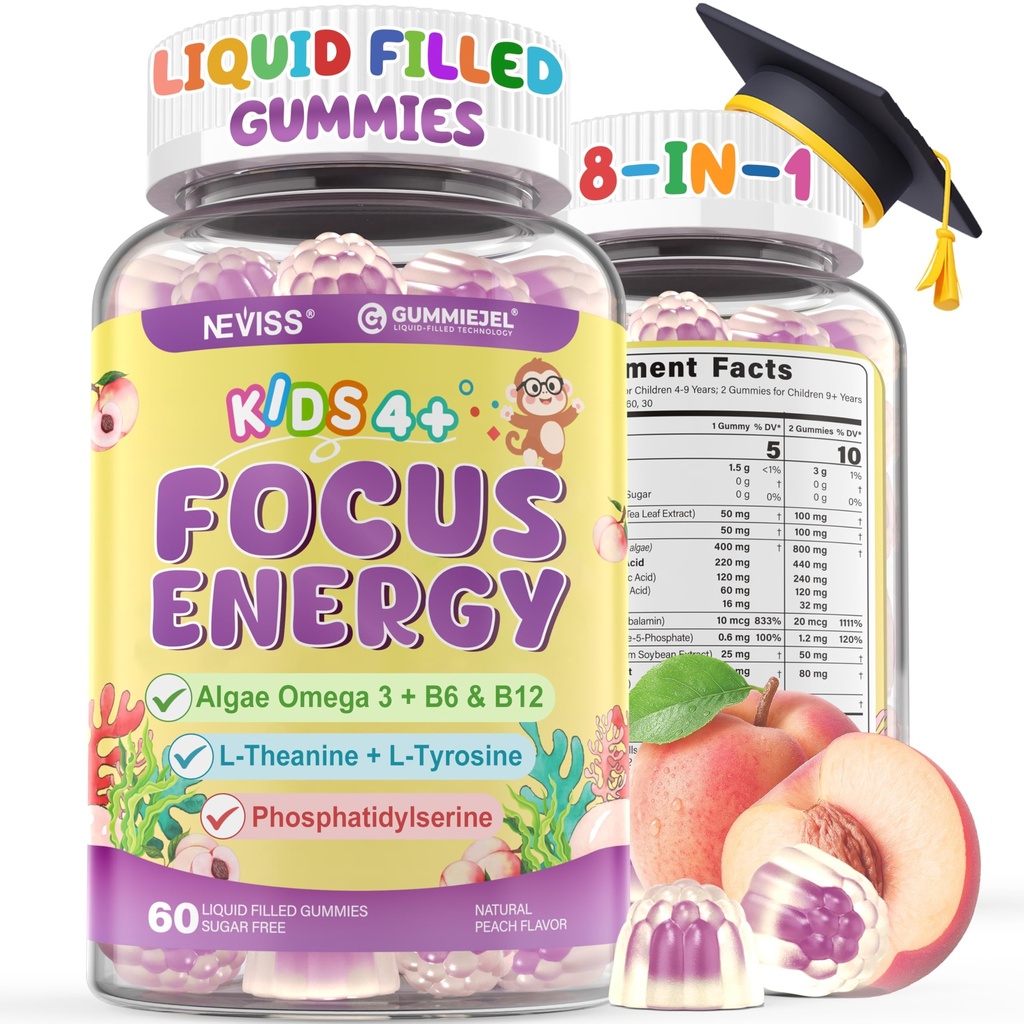 Gummies de Focus Enfants - Suppléments Cerveau avec Omega végétalien 3 DHA, Phosphatidylsérine, L-Theanine, L-Tyrosine, B6 et B12 méthylés pour enfants et adolescents Soutien Attention, Mémoire, Nootrope, Sans sucre 60cts