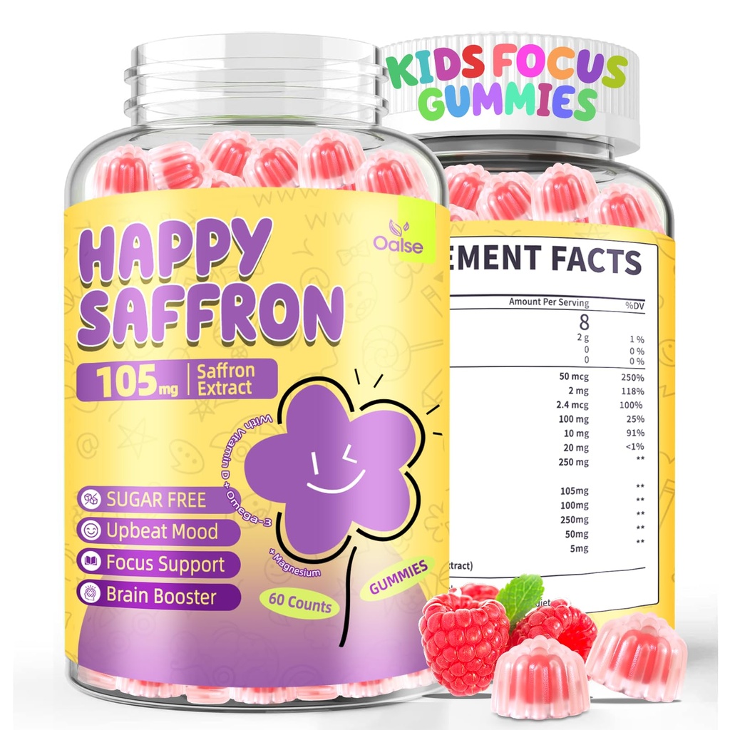 Safrangummis für Kinder: Fokus-Ergänzung für Kinder mit Safranextrakt & Omega-3 Kalium - Happy Mood - Vegan, Zuckerfrei