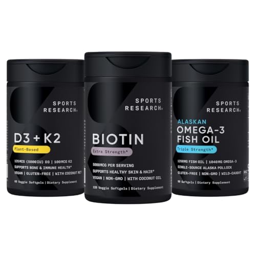 Sports Research® Healthy Hair Pack - Biotin 5000mcg con olio di cocco biologico + Vegan Vitamin D 5000iu & Mk7 Vitamin K 100mcg + Omega-3 Fish Oil 1250