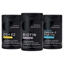 Sport Research® Healthy Hair Pack - Biotin 5.000mcg mit Bio Kokosöl + Vegan Vitamin D 5000iu & Mk7 Vitamin K 100mcg + Omega-3 Fischöl 1250