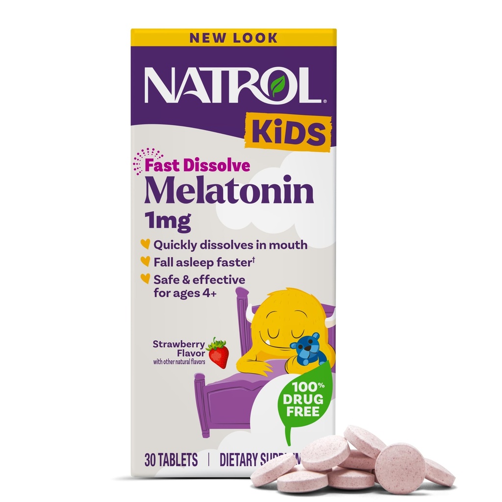 Natrol Kids rapidamente sciogliere la melatonina 1 mg, supplemento dietetico per il sonno riposante, compresse di sonno per i bambini, 30 compresse di melatonina aromatizzate alla fragola, 30 giorni di alimentazione