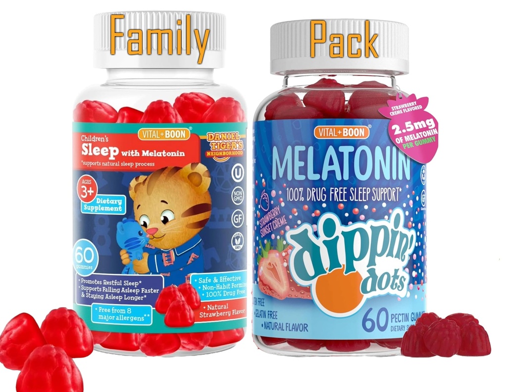 Melatonin Sleep Gummies Bundle Family Pack - Kinder & Erwachsene | Daniel Tiger & Erdbeer Sunset Crème Flavors | Non-Habit Forming Natural Sleep Aid | Vegan, Gluten-Free