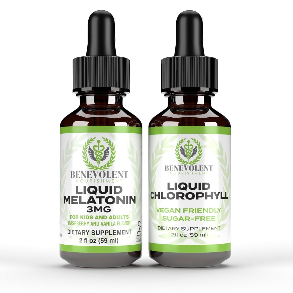 Liquid Melatonin für Kinder und Erwachsene 3mg & Liquid Chlorophyll Bundle - Natürliche Schlafhilfe Tropfen, Berry Vanilla Flavor, Made in USA - Schlafunterstützung & Skin Support