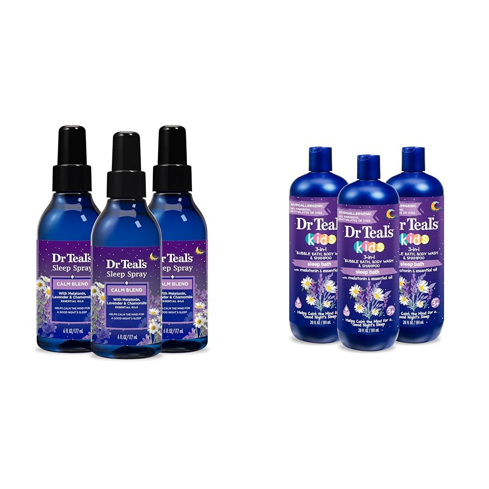 Dr Teal's Sleep Spray with Melatonin & Essential Oil Blend, 6 fl oz (Pack of 3) & Kids 3-in-1 Sleep Bath: Bubble Bath, Body Wash & Shampoo con Melatonin & Essential Oil, 20 fl oz (Pack of 3)