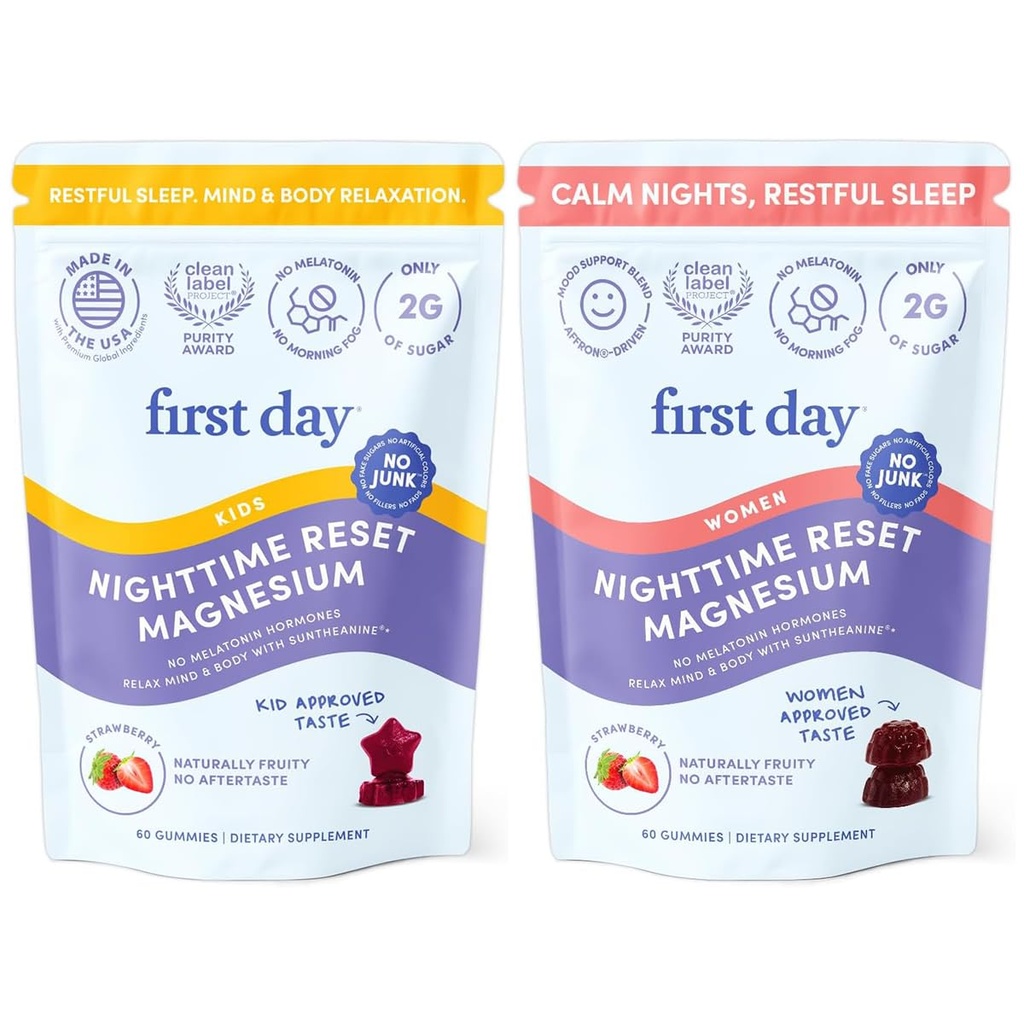 FIRST DAY Kids & Women' Calming Magnesium Gummis (Strawberry) | Rest & Energy Bedtime Supplement | Balanced Mood | No Melatonin | Clean Label Project Verified® | Vegan, Non-GMO | 30-Day Supply