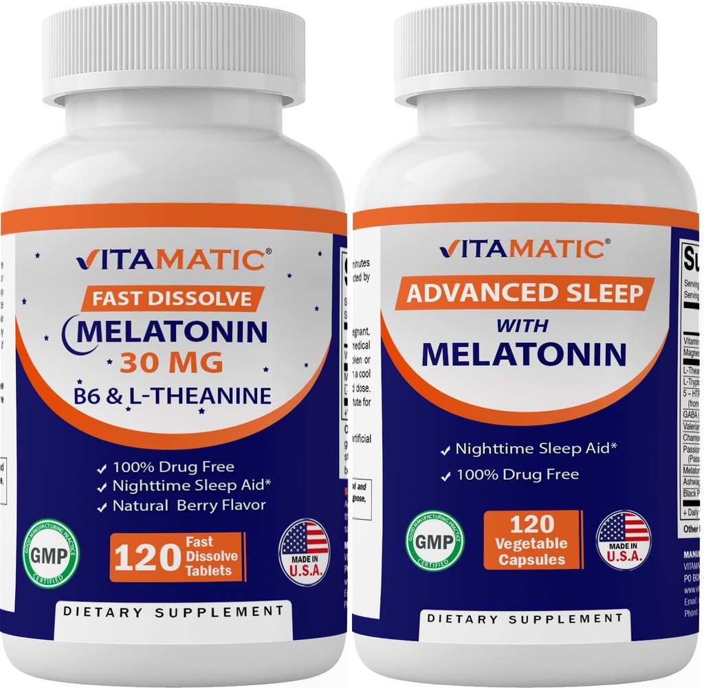Vitamatic Melatonina 30mg Fatto con B6, Magnesio, L-teanina, L-Tryptophan, 5-HTP, GABA, Valerian, Camomilla, Fiore della Passione, Ashwagandha & Pepe Nero