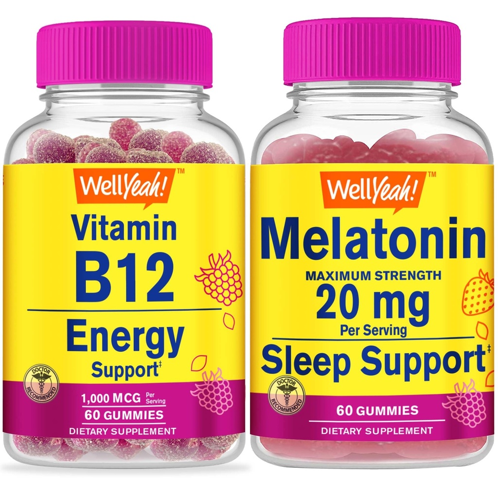 BeneSì Vitamina B12 1000mcg + Melatonina 20mg, Gummies Bundle - Grande degustazione, Integratore di vitamina, Senza glutine, OGM libero, pancia masticabile