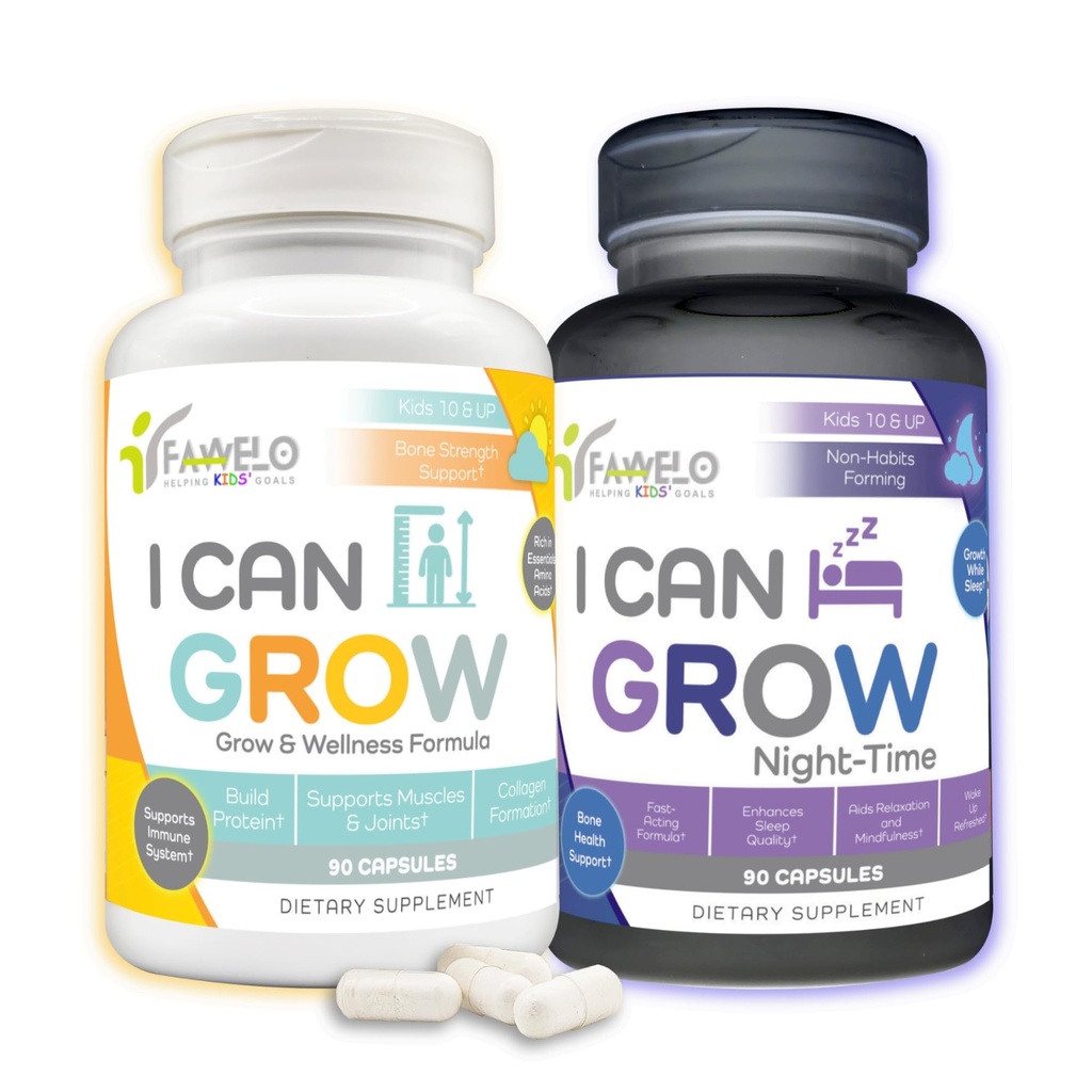 I can Grow Day & Night Bundle for Kids 10+ & Teens | Growth Support with L-Arginin, Colostrum, Magnesium | Nourish Daily + Nighttime Sleep Aid for Maximum Height & Development | 2-Pack