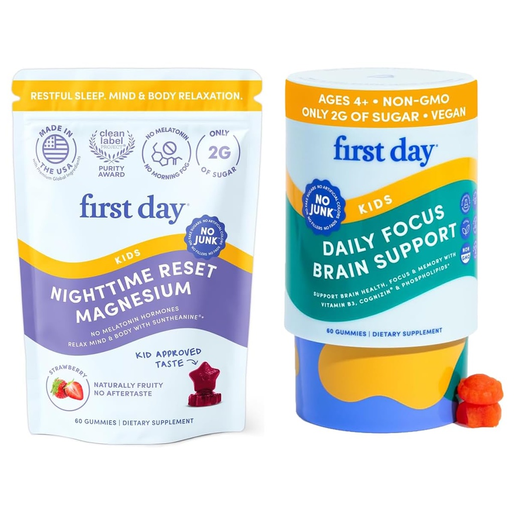 FIRST DAY Kids Calming Gummies (Strawberry) & Brain Focus Gummies (Peach) für Rest & Attention | Stimmung & Energie | No Melatonin | Stimulant-Free | Clean Label Project Verified® | Vegan | 30-tägige Versorgung