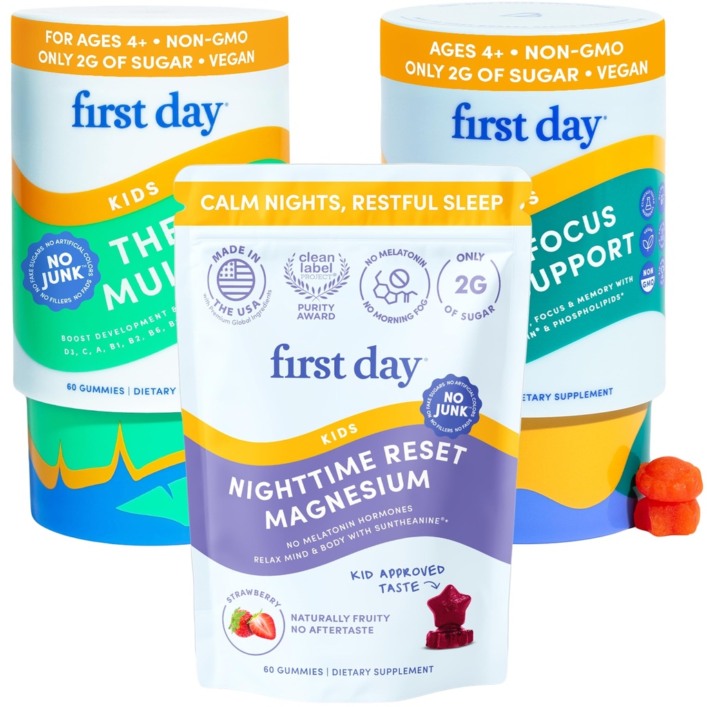 Premier jour Enfants Apaisant Magnésium (Strawberry), Multivitamine (Strawberry & Orange), & Cerveau Focus (Peach) Gummies.