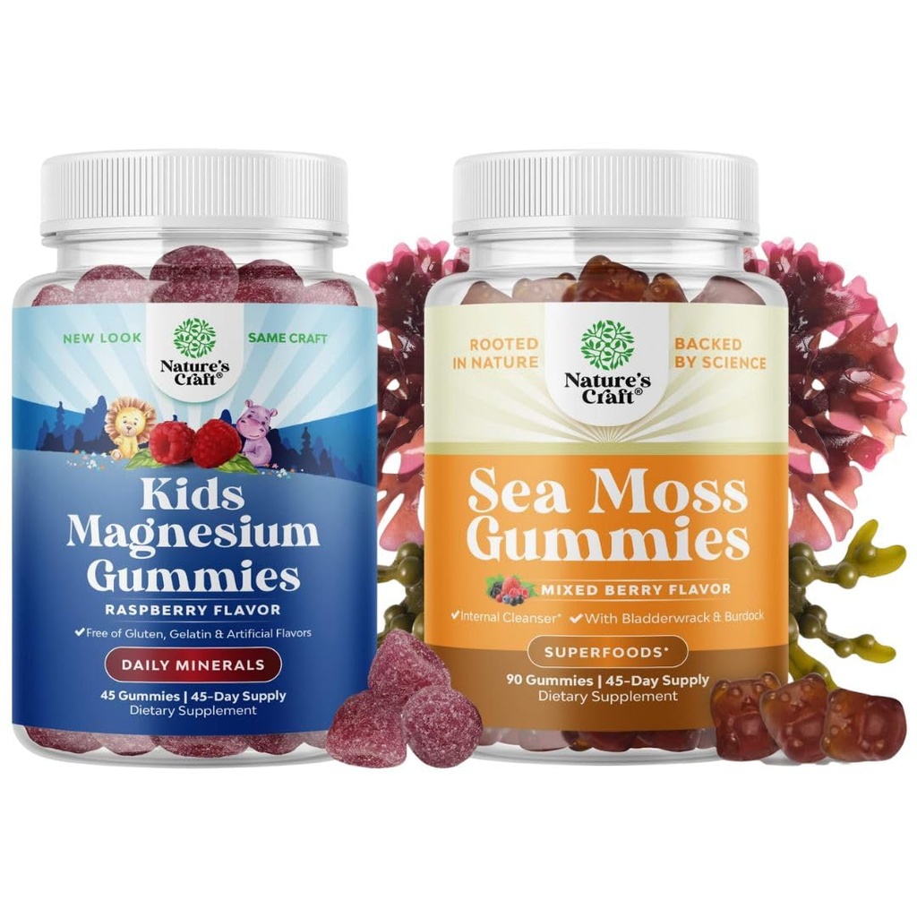 Bundle of Kids Magnesium Gummis - Beruhigen Sie sich Mg Citrate mit Himbeer Flavor für Nerve Health Muskeln & Herzunterstützung und Irish Sea Moss Gummis mit Irish Sea Moss, Bladderwrack & Burdock Root