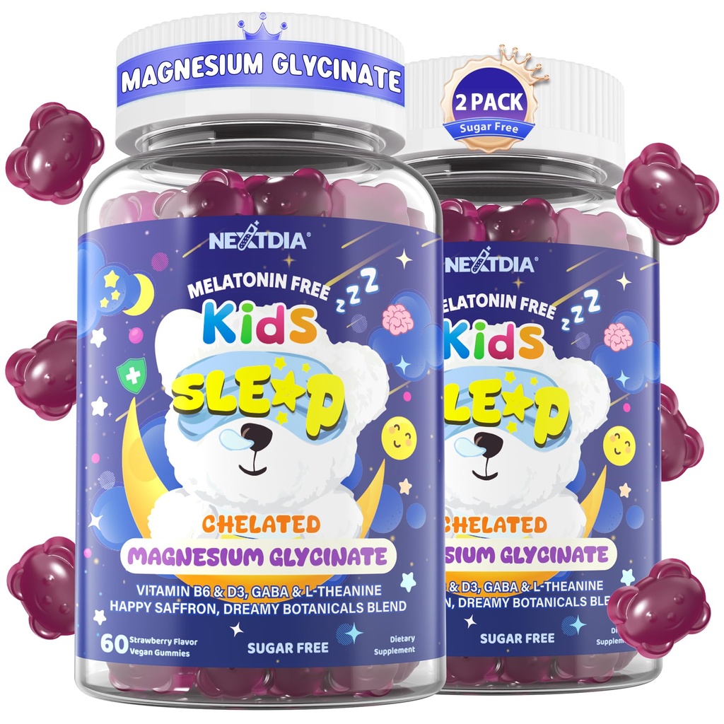 Bambini Dormire Gummies NO Melatonina - Triple Magnesium Glycinate + Zafferano, GABA, Berry & Nut Superfood Gummies, Sugar Free Nighttime Sleep Aid & Calm for Kids 4+ Teens, Relax, Cervello & Muscolo, 2Pack