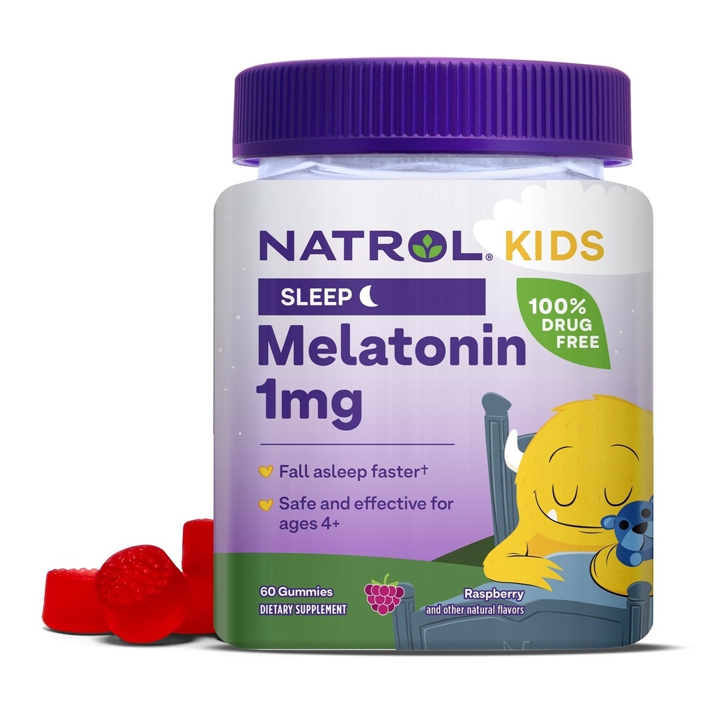 Natrol Kids Melatonin 1mg, supplemento per il sonno riposante, gommoni per i bambini, 60 Gummie di melatonina aromatizzata al lampone, alimentazione di 60 giorni