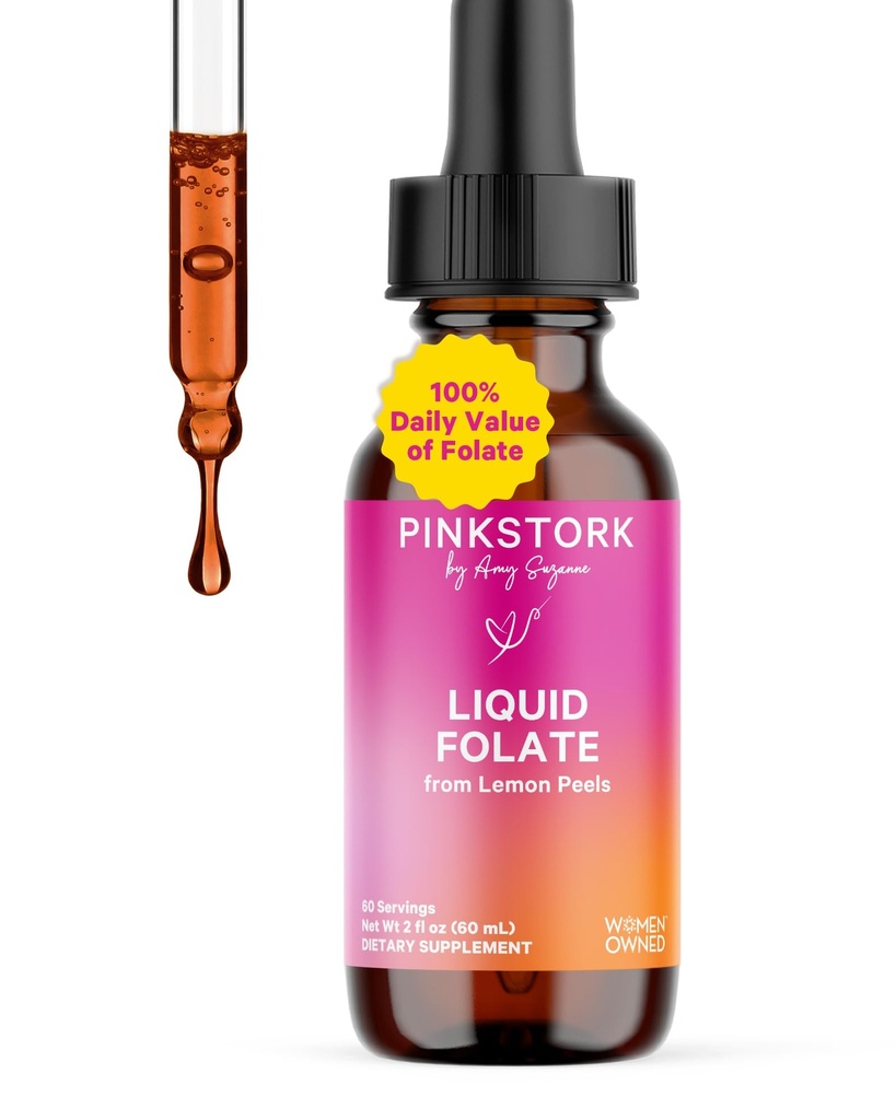 Pink Stork Liquid Folate Drops – 5-MTHF Methylfolat B9 Vitamin | Liquid Folic Acid Alternative für Frauen | Pränatales Folat, Non-GMO, Vegan, Sublingual Methylfolat Supplement | 2 fl oz
