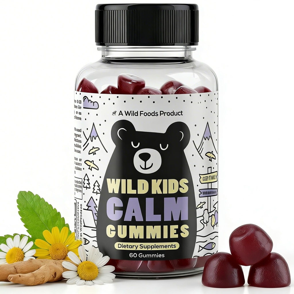 Wild Foods Kids Calm Gummis - Ashwagandha Gummis für Kinder w/GABA, L-Theanine, Zitronenbalsam & Charmomile - Unterstützung Natürliche Entspannung, Stress Relief & Schlaf, für Kinder 4+, Berry Flavor, 60 Count