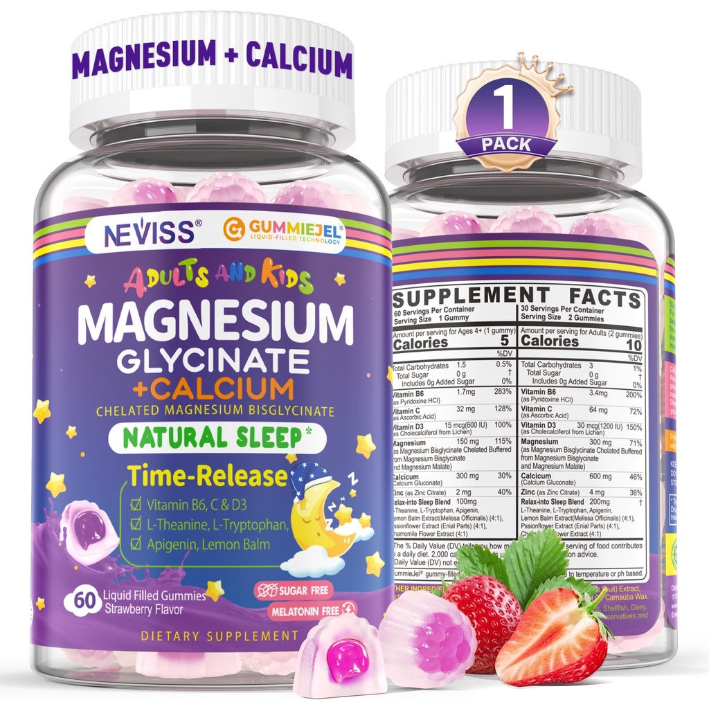 Neviss Magnesium Glycinate + Kalzium gefüllte Gummie für Erwachsene und Kinder 4+, Kinder schlafen Gummies Melatonin kostenlos, Sugar Free Magnesium Supplement mit B6 D3, L-Theanin für Zzz & Relax, Gehirn,Bone,Muscle