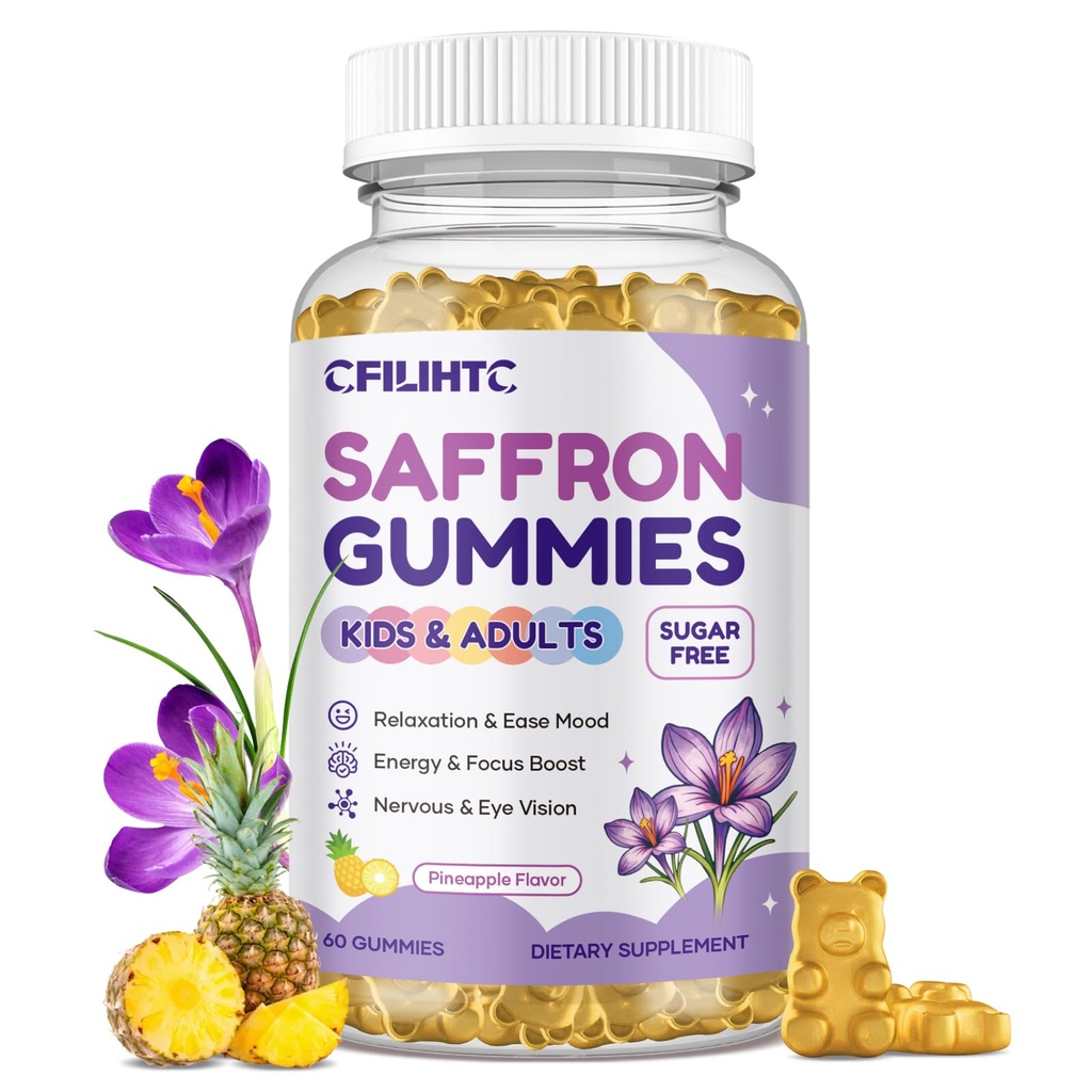 Zafferano Gummies per bambini e adulti, 20 in-1 integratori di zafferano con Estratto di zafferano di 88.5mg, B6, B12, C, D3, Magnesio per la calma, Focus, Nerve, Sugar Free, Vegan, Non-GMO - Sapore di ananas, 60 conti