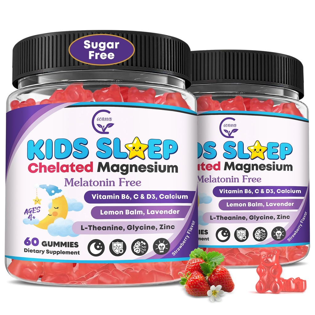 Gummies per bambini, NO Melatonin Sleep Aid Gummies w/ Magnesium Glycinate, Citrato di calcio, L-teanina, GABA, Vitamina D3 K2 B6 Zinc, Camomilla & Lemon Balm per Zzz & Relax, Cervello, Bone, Non OGM 2Pack