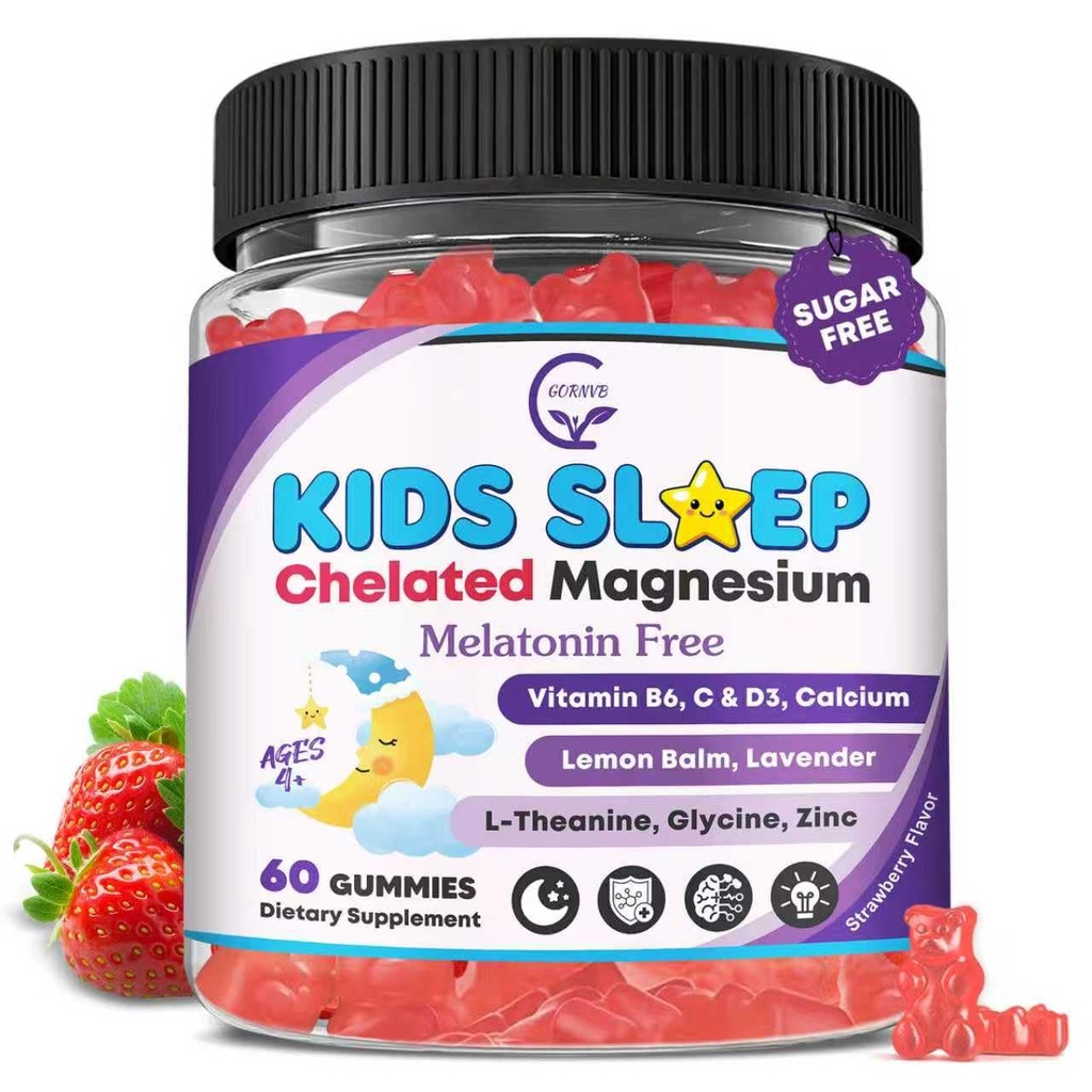 Kinder Schlafgummis, NO Melatonin Schlafhilfe Gummie w/ Magnesium Glycinat, Calcium Citrat, L-Theanin, GABA, Vitamin D3 K2 B6 Zink, Kamille & Zitronenbalsam für Zzz & Relax, Gehirn, Knochen, Non-GMO 1Pack
