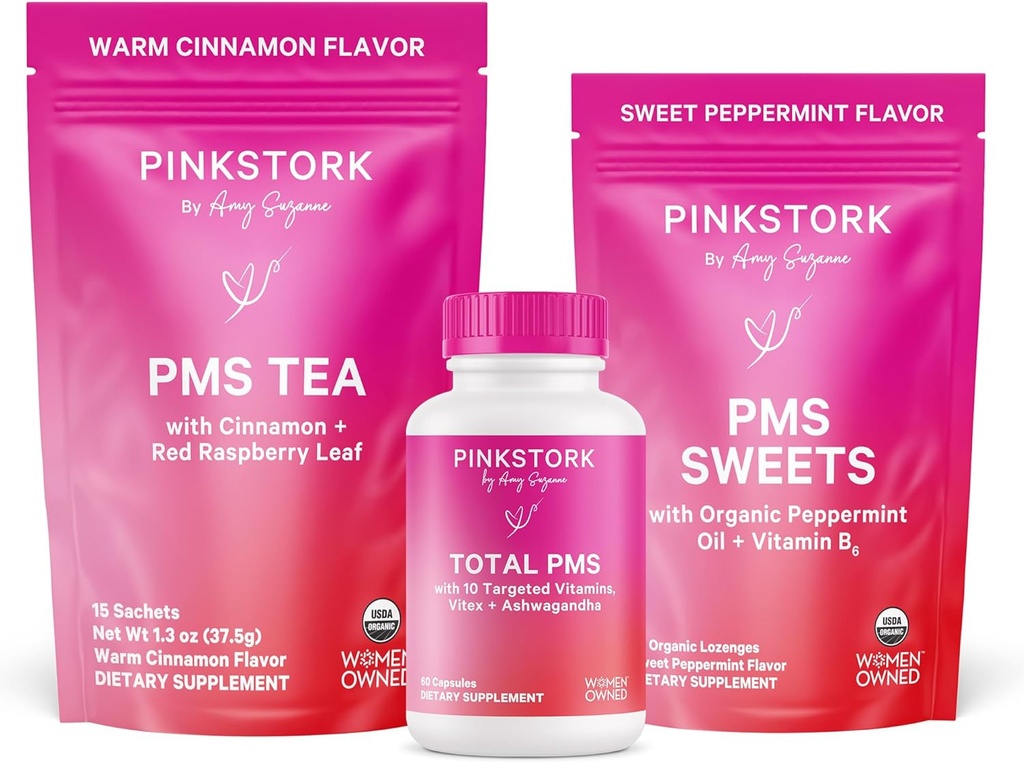 Pink Stork PMS Support Trio: Perioden-Relief-Ergänzungen, Zimt-Tee, + Pfefferminz-Süße, Menstruationsunterstützung, Erste Perioden-Kit, Hormon Balance für gesunde Menstruations-Zyklus, Frauen-Owned