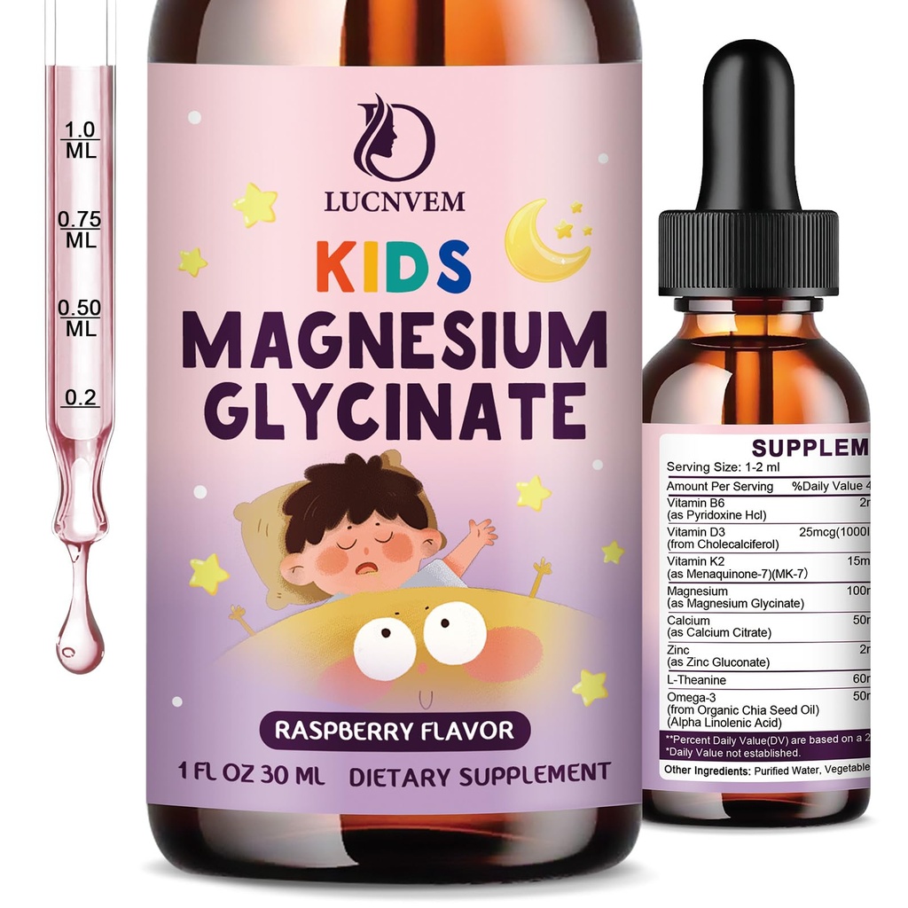 Kinder Magnesium Glycinate Sleep Liquid Drops – Magnesium Glycinate mit L-Theanin für Schlaf- & Kalorien-Unterstützung – Melatonin-frei, Sugar-Free Raspberry Falvor – 1 Flaschen, 30ml Jeder