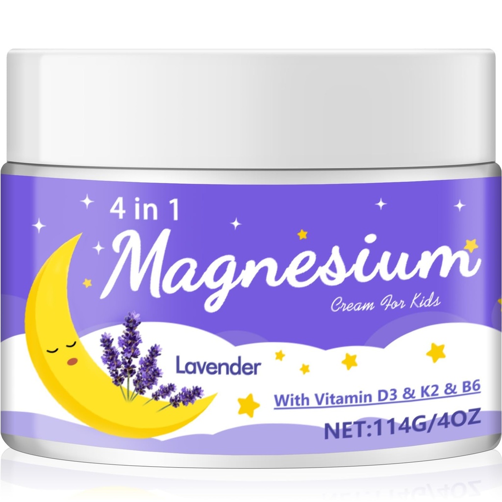 Magnesium Lotion für Kinder, Magnesiumcreme für Babys, Reduziert Pre-Bed Anxiety & Extends Schlafdauer, Lavender mit Vitaminen D3, K2, B6, Melatonin-frei, für empfindliche Haut (4 Oz)-WN7