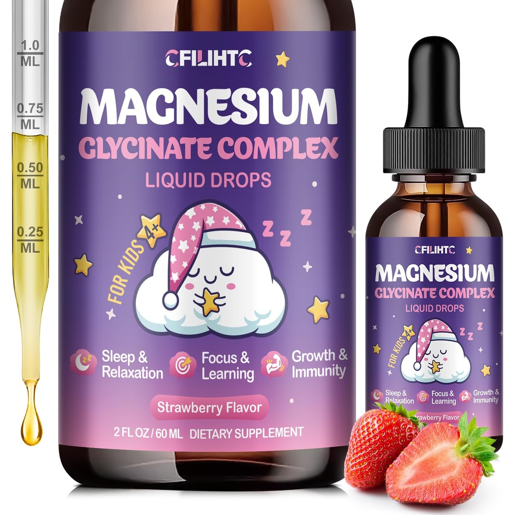 Magnesio Glycinate Liquido per Bambini - Magnesio Bisglycinate Gocce con L-teanina, Camomilla & Vitamina B6, B12, C, D3 per il sonno, Rilassamento, Supporto immunitario, Calma & Focus - 2 Fl Oz, Aroma di fragola