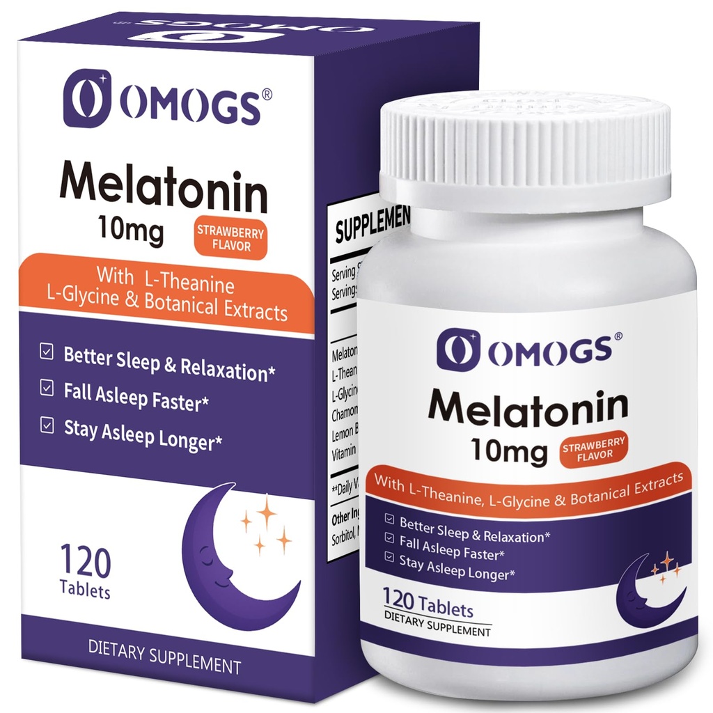 OMOGS Melatonin, Melatonin 10 mg schnell auflösen Tabletten, mit L-Theanin, L-Glycin & Vitamin, unterstützt Entspannung & gesunde Schlafzyklen, Erdbeergeschmack, 120-Tage-Versorgung