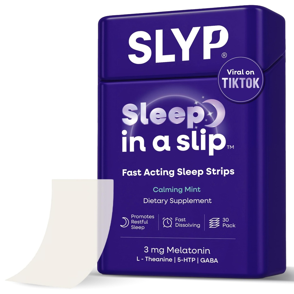 Slyp Fast-Dissolving Oral Mint Schlafstreifen, natürliche Schlafhilfe für Erwachsene & Kinder mit Melatonin 3mg, L-Theanine, GABA & 5-HTP für ruhige Unterstützung & Alternative zu Schlafpillen & Gummies – 30 Streifen