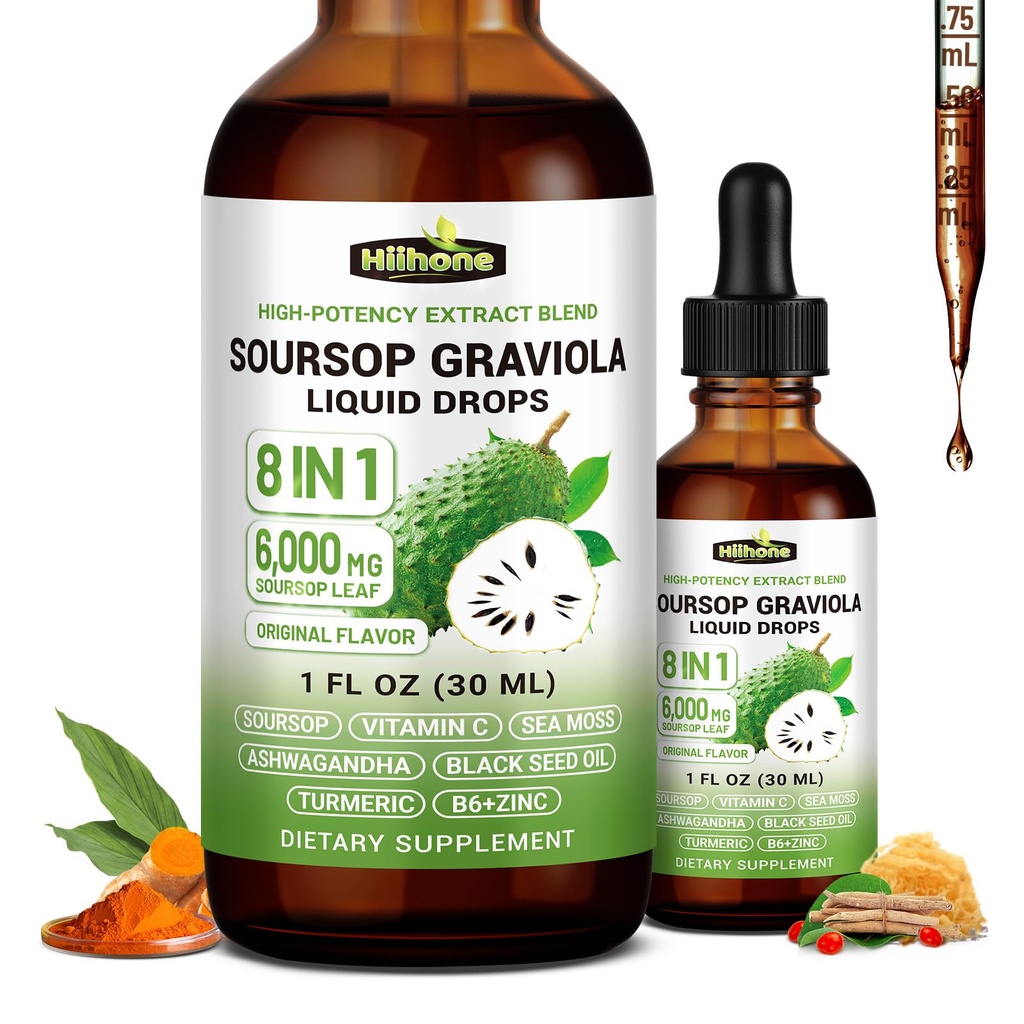 (2 Pack) 8 in 1 Graviola Soursop Blatt Extrakt Flüssigkeit - Soursop Bitters Flüssigkeit mit Sea Moss, Ashwagandha und Turmeric, für Immun & Liver, Zzz & Antioxidant & Cell Support,1 Fl Oz