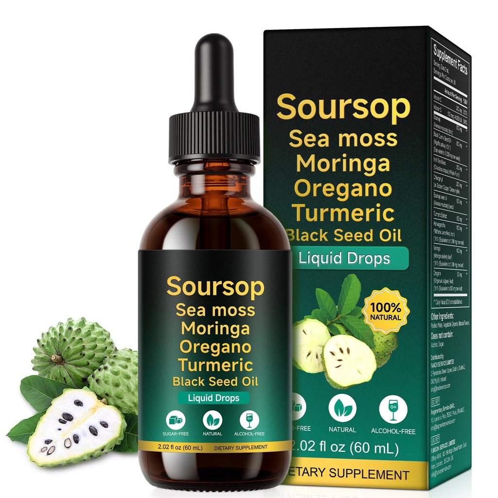 Soursop Bitters Liquid Drops 12-in-1 Complex - 2 Fl Oz | Angereichert mit Sea Moss, Moringa, Turmeric & Ashwagandha Extract | Kräutertonic für Immununterstützung & Verdauung Wellness | Vitamin C & D3 | Vegan