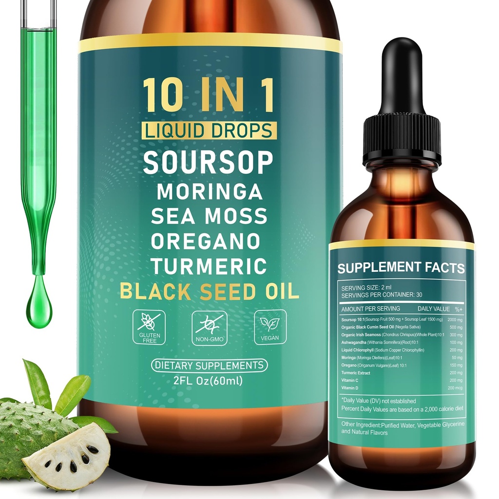 Soursop Bitters Flüssigkeitstropfen, Bitter Kräuter mit Soursop-Extrakt, Ashwagandha, Sea Moss & Black Seed Oil, Formuliert für Immun-Wellness, Antioxidans Support & Gesunde Verdauung, 2 FL Oz