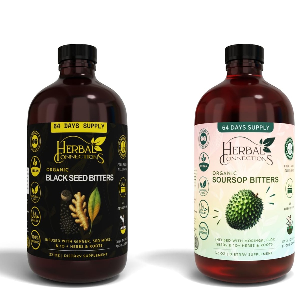 Black Seed & Soursop Bitters Bundle – 2 x 32 oz Bottiglie - 64-Day Supply – Vegan Organic Herbal Tonic per la salute digestiva & Total Wellness – No Sugar, Made in USA.