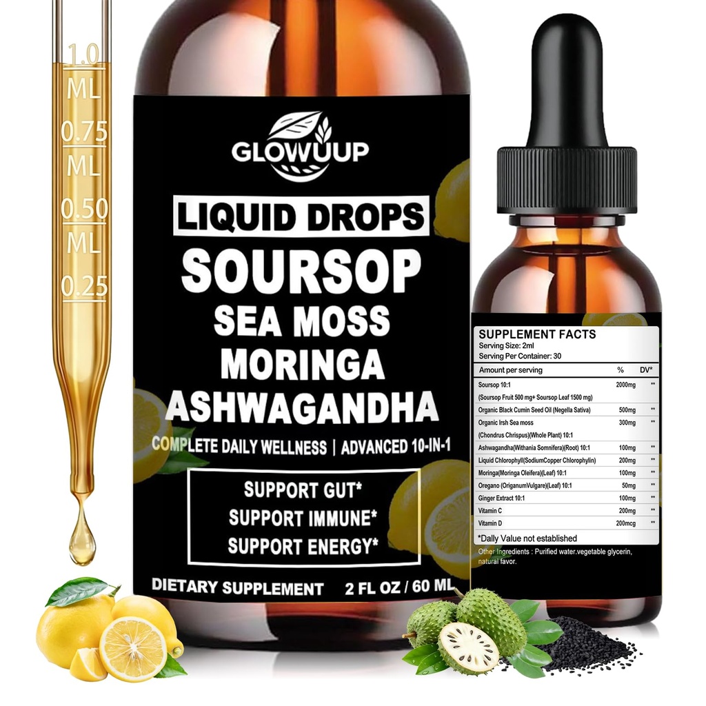 Soursop Bitters Liquid,10-in-1 Kräuter Soursop Tropfen mit Meer Moos,Ashwagandha, Schwarzes Seedöl, Moringa & Oregano für Immununterstützung, Gut Health, Cell Regeneration & Antioxidant, Non-GMO, 2 Fl Oz
