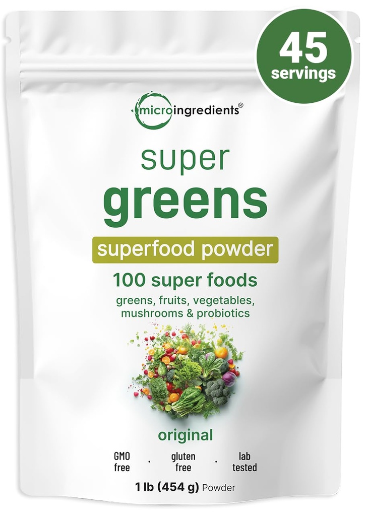 Micro Ingredients Super Greens Powder, 1lb | 100 Superfood Blend with Daily Greens, Fruits, Vegetables, Mushrooms & Probiotics | Source of Vegan Protein & Enzymes | Non-GMO, Gluten-Free, No Additives