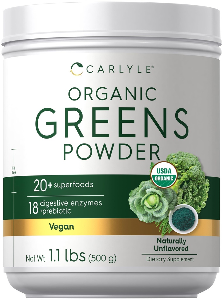 Carlyle Greens Powder (en poudre biologique) 17,6 oz Supplement (en supplément) soulage le gaz occasionnel, l'inconfort et le ballonnement (en plus de 20 superaliments), 18 enzymes digestives et prébiotiques.