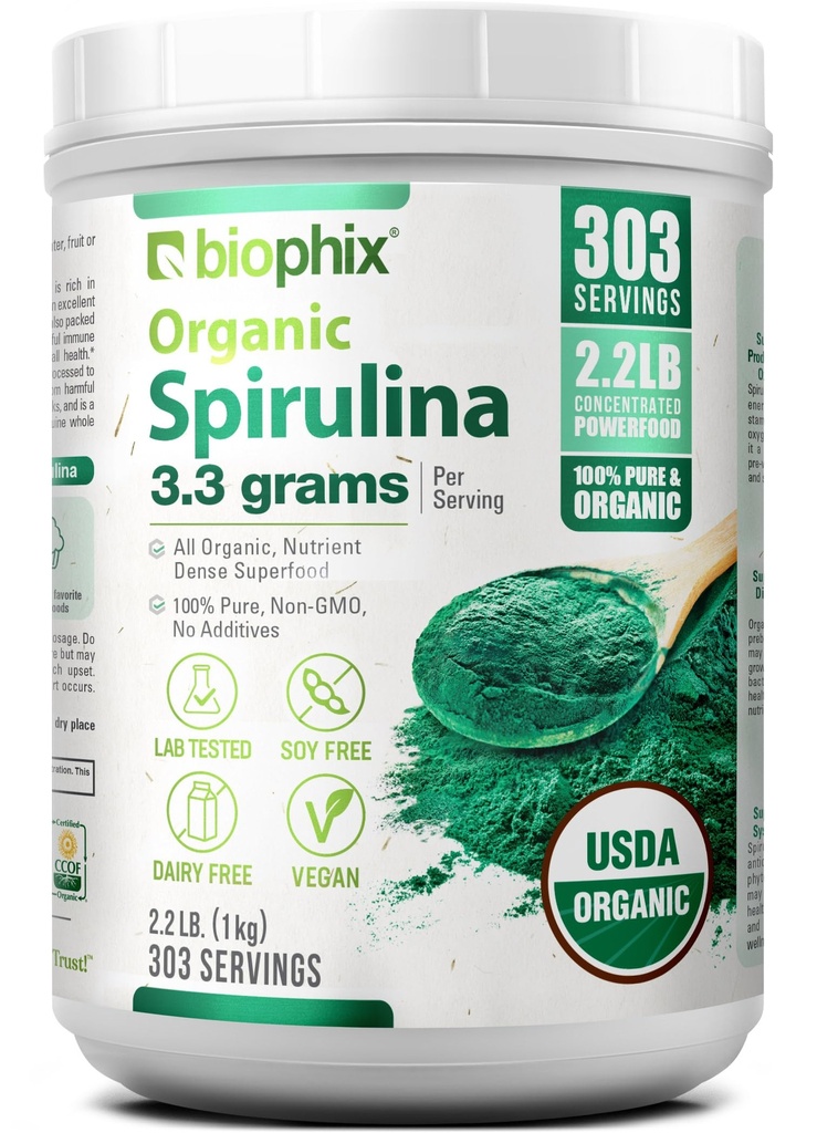biophix poudre de Spiruline biologique, 2,2 Lbs 100% poudre de spiruline bleue verte, végétalien, non OGM, non irradié, certifié USDA, meilleur aliment protéinique