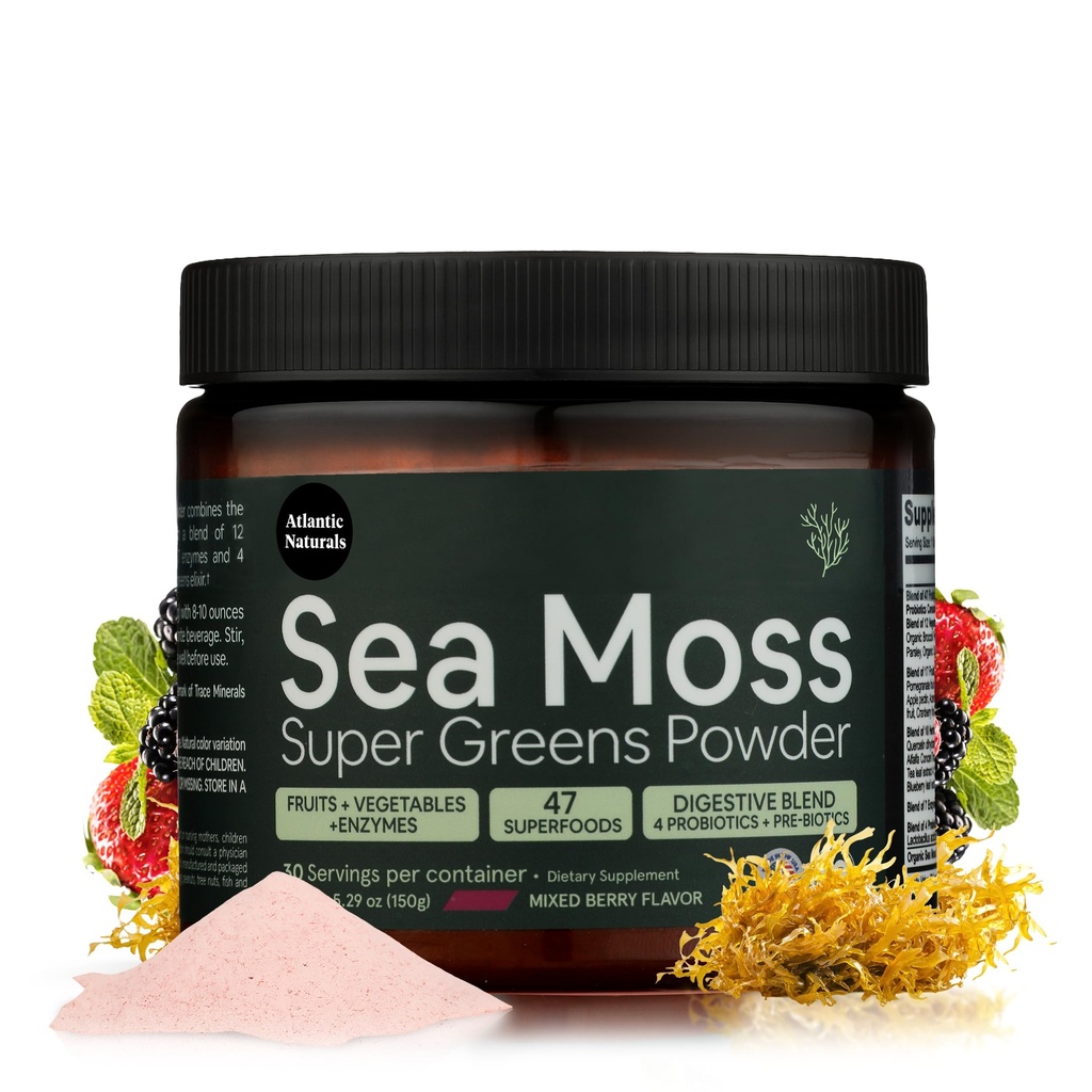 Atlantic Naturals Bio Sea Moss Super Greens Powder | Daily Greens Superfood for Energy, Digestion, Skin & Immune Support | Angereichert mit Früchten, Veggies & Probiotics – Mixed Berry Flavor 5000mg