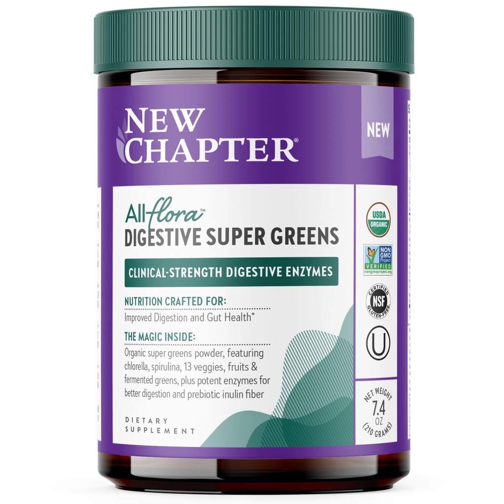 Nouveau chapitre All-Flora Poudre Digestionnelle Super Verts pour la Santé des Guts - Enzymes Digestionnelles Clinical-Strength + USDA Chlorella biologique, Spiruline, Verts Fermentés – Delicious & 100% Vegan, 30 portions